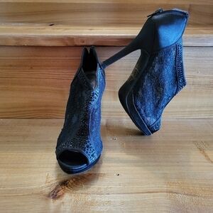 Michelangelo Ayael-9 lace & rhinestone zip up stiletto bootie black 6